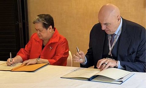 NEW DEAL. Foreign Affairs Secretary Ma. Theresa Lazaro (left) and Italian Minister of Defense Guido Crosetto sign a new bilateral defense cooperation agreement on the sidelines of the Munich Security Conference in Germany on Saturday (Feb. 14, 2026). The deal replaces an expired memorandum of understanding, and expands potential for defense co-production and technology cooperation. (Photo courtesy of Sec. Lazaro/X)
MANILA – The Philippines and Italy have sealed a new bilateral defense cooperation agreement after more than a year of review, the Department of Foreign Affairs (DFA) said Saturday night.
Foreign Affairs Secretary Ma. Theresa Lazaro and Italian Minister of Defense Guido Crosetto signed the deal, which replaces an expired memorandum of understanding, on the sidelines of the Munich Security Conference in Germany.
Lazaro said the signing serves as “another concrete step to move the Philippine-Italy cooperation forward.”
Philippine Ambassador to Italy Neal Imperial, in a text message to the Philippine News Agency, said the agreement will include provisions on procurement, defense co-production, and logistics and technology collaboration.
“The embassy welcomes the signing of this important agreement which elevates the political and security partnership between the Philippines and Italy,” he said.
“This is a clear demonstration of Italy's seriousness in engaging with one of the most strategic countries in the Indo-Pacific in the important area of defense cooperation.”