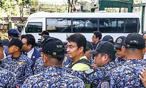 CHARGED. Former senator and flood control project scam suspect Ramon "Bong" Revilla Jr. leaves the Sandiganbayan in Quezon City on Monday (Feb. 9, 2026) after his arraignment and pre-trial were reset anew pending the resolution of his motions for reconsideration. He filed a petition for bail on Friday (Feb. 20). (PNA photo by Joan Bondoc)