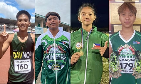 GOLDEN PIONEERS. From left, Brylle Josh S. Robis (triple jump), John Rey Luntian (javelin throw), Samantha V. Martinez (100m dash), and Cherry Ann L. Tangaro (long jump) pose after their gold-medal performances at the 2026 Davraa Meet athletics competition. The four athletes helped Davao del Norte extend its medal lead at the Davao del Norte Sports and Tourism Complex on Tuesday, February 24.