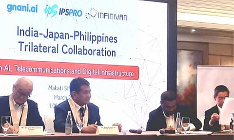 DIGITALIZATION BID. Officials of InfiniVAN Inc., a broadband service provider registered with the National Telecommunications Commission (NTC); Gnani Innovations Private Limited, and IPS Pro sign the trilateral agreement for an artificial intelligence (AI) and digital infrastructure project in a hotel in Makati City on Monday (Mar. 2, 2026). The deal aims to provide enhanced customer service engagement and support using the latest AI technology. (PNA photo by Joann Villanueva)