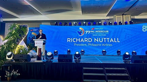 Richard Nuttall, president of Philippine Airlines, delivers a speech during the awards night of the 77th Philippine Airlines Interclub Golf Tournament at the SMX Convention Center Davao on Friday, March 6, 2026.