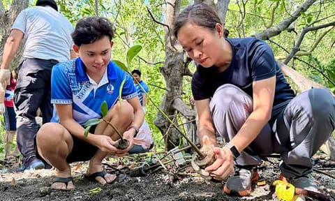Volunteers plant mangrove seedlings at the Bacutan Pawikan Sanctuary and Mangrove Reserve in Brgy. Astorga, Sta. Cruz, Davao del Sur. This initiative contributes to mangrove reforestation efforts that help protect coastal ecosystems, support marine biodiversity, and strengthen natural defenses against storm surges and coastal erosion.