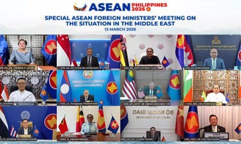 SPECIAL MEETING. Foreign Affairs Secretary Ma. Theresa Lazaro chairs the Special ASEAN Foreign Ministers’ Meeting on the Situation in the Middle East held virtually on Friday afternoon (March 13, 2026). The meeting convenes ASEAN foreign ministers and senior officials to discuss the evolving situation in the region and its implications for ASEAN. (Photo courtesy of ASEAN 2026 Philippines)