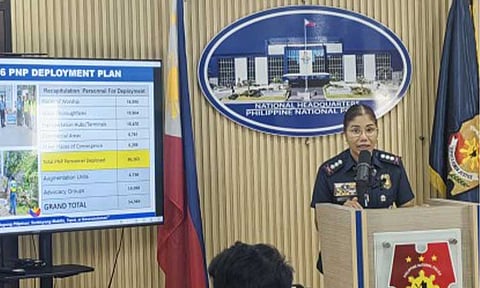 SAFE SUMMER. Col. Anna Liza Macapinlac, chief of the Philippine National Police-Public Safety Division of the Directorate for Operations, holds a press briefing in Camp Crame on Monday (March 16, 2026). She said close to 55,000 police officers and force multipliers will be deployed nationwide from March 29 to May 31 to secure travelers under the PNP's Oplan Ligtas Sumvac 2026. (PNA photo by Lloyd Caliwan)