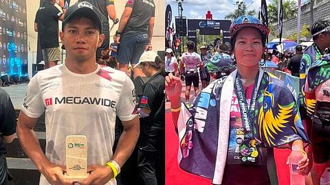 IRONMAN 70.3 DAVAO KING AND QUEEN. Irienold Reig Jr. and Bea Marie Quiambao celebrate after topping the men's and women's overall races of the BYD Ironman 70.3 Davao presented by Aboitiz that concluded at Bago Aplaya Esplanade along the Davao City Coastal Road, Sunday, March 22, 2026,