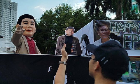 A playful mascot of former President Rodrigo “Digong” Duterte riding a vehicle float drew attention from the crowd along Roxas Avenue on the afternoon of March 28, 2026. Supporters also distributed free T-shirts printed with “Bring Him Home”, a message calling for Duterte’s release, as part of his 81st birthday celebration.