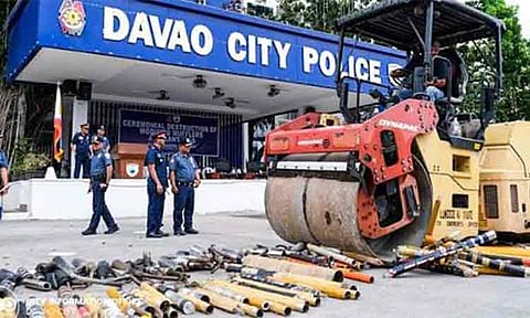 DESTROYED. The Davao City Police leads the destruction of hundreds of modified mufflers and improvised firecrackers at the Camp Capt. Domingo Leonor Parade Grounds on Tuesday (Jan. 13, 2026). The police advised motorcycle riders using modified mufflers on Wednesday (Jan. 14) to surrender them to their community officials.