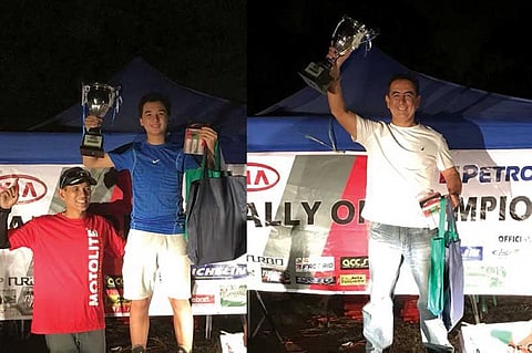 BAGUIO. Father and son tandem Iñigo and Carlos Anton raise their trophy after wining in their respective categories during the recently concluded Petron Race of Champions round 1 held at the Subic Le mans track. Also in photo is race organizer and multi awarded race car driver Mike Potenciano (left). Contributed photo
