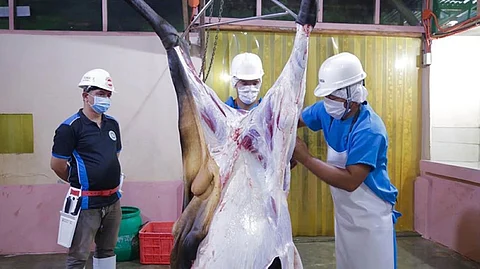 DAVAO. Jonathan Torres, Jr. (left), the local government deputized meat inspector, ensures that butchers adhere to Halal and sanitation standards. (Arjay Delino)