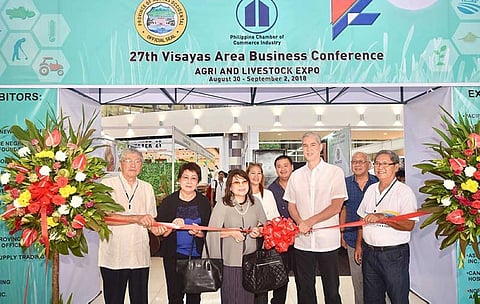 BACOLOD. PCCI vice chairman Bing Sibal-Limjoco (center) with MBCCI president Roberto Montelibano (left) and Negros Occidental Vice Governor Eugenio Jose Lacson (2nd from right) during the opening of the Agriculture and Livestock Expo at SM City Activity Center Thursday. (MBCCI)