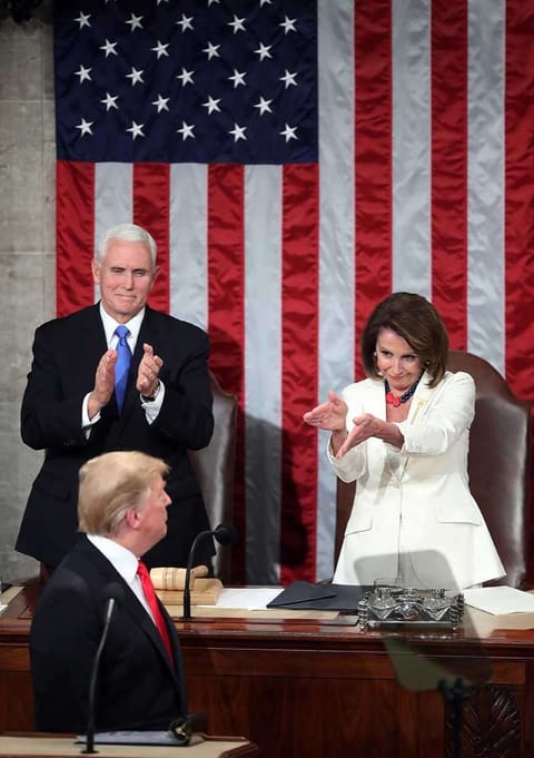 WASHINGTON. President Donald Trump turns to House speaker Nancy Pelosi of Calif., as he delivers his State of the Union address to a joint session of Congress on Capitol Hill in Washington, as Vice President Mike Pence watches, Tuesday, Feb. 5, 2019. (AP)