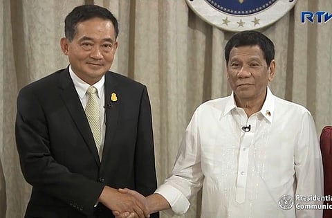 MANILA. President Rodrigo Duterte receives the letter of credentials of His Excellency Vasin Ruangprateepsaeng, Ambassador-Designate of the Kingdom of Thailand to the Philippines, during the presentation of credentials ceremony at the Reception Hall in MalacaƱan Palace on May 21, 2019. (Photo from RTVM video)
