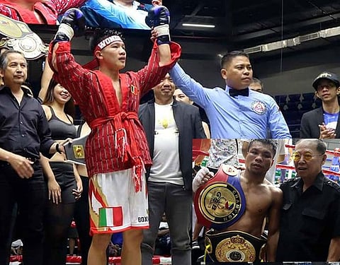 BAGUIO. Ifugao's Carl Jammes Martin once again made an impact inside the ring after stopping his opponent in the third round to retain his Philippine Boxing Federation bantamweight title while (inset) Carlo Magali won via a split decision over Al Toyogon of Gingoog City to claim the vacant Asian Boxing Federation super featherweight and vacant Philippine super featherweight is joined by boxing patron Naris Singwancha. (Photo by Brico Santig)
