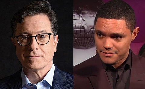 (File photos of Stephen Cobert and Trevor Noah)