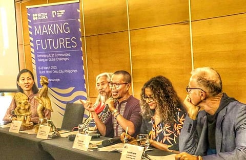 COLLABORATION. A study commissioned by the British Council found that interventions from government and private stakeholders as well as a renewed interest from consumers have helped propel the craft sector—particularly handwoven textiles—back into the limelight. (From right) Malcolm Ferris, curator, Making Futures Plymouth College of Art; Caroline Meaby, director, Global Arts Network British Council; Butch Carungay, national consultant for Cebu United Nations Educational, Scientific and Cultural Organization City of Design Initiatives; Kidkat Tahimik, artist, National Artist of the Philippines for Film; and Malaya del Rosario, head of Arts and Creative Industries of the British Council of the Philippines, discuss the opportunities and challenges in the global craft sector. (SUNSTAR FOTO / AMPER CAMPAÑA)