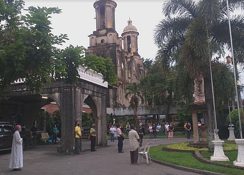 PRAYER. Bishop Patricio Buzon (left) led a rosary as part of the activity dubbed "Call for Prayerful Vigilance in the Light of the Impending Impact of the Anti-Terror Law on our People" outside the Bishop's House in Bacolod City over the weekend. Several faithful joined the rosary simultaneously conducted in other parishes and chaplaincies under the Diocese of Bacolod. It was followed by the ringing of the bells of San Sebastian Cathedral. Buzon earlier said they hope that the activity will create the necessary awareness as to the perceived escalating pattern of silencing of dissenting and independent voices in the society.(Erwin P. Nicavera Photo)