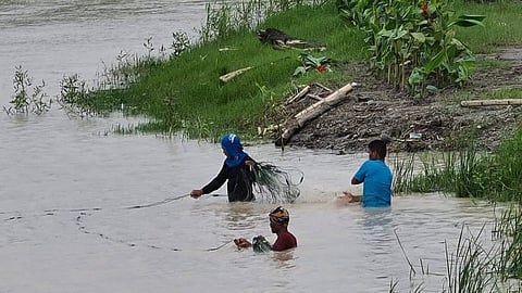 FISHING. Residents in Minalin town put up nets to catch fish that escaped from flooded fish pens in the area. (Chris Navarro)