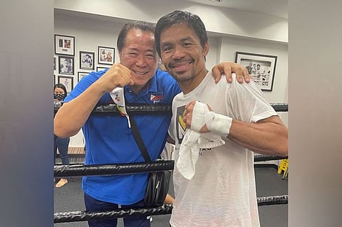 LAS VEGAS. Monico Puentevella with Senator Manny ‘Pacman’ Pacquiao at the Wild Card gym. (MOP Photo)