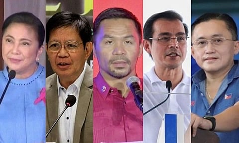 ELECTIONS 2022. (From left) Vice President Leni Robredo, Senator Panfilo Lacson, Senator Manny Pacquiao, Manila City Mayor Isko Moreno and Senator Bong Go. (File photos)