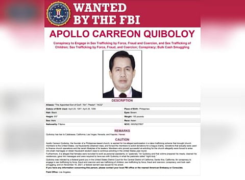MOST WANTED. the United States Federal Bureau of Investigation (FBI) has included Kingdom of Jesus Christ founder Pastor Apollo C. Quiboloy and two of his church associates on its most wanted list. (Photo courtesy of FBI)