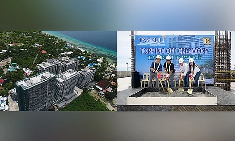 ICON OF RESORT LIVING. (Left) Tambuli Seaside Living of Tytans Properties and Development Inc. is an 11-hectare residential resort community in the tourist island of Lapu-lapu City. (Right) The company recently topped off the fifth tower of the sprawling resort village led by company chief executive officer Gerard Tan. / CONTRIBUTED