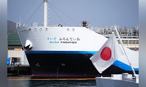 A liquefied hydrogen carrier is berthed in Otaru, Japan, in April 2023. Japan plans to use more hydrogen as fuel in a bid to reduce carbon emissions. / AP