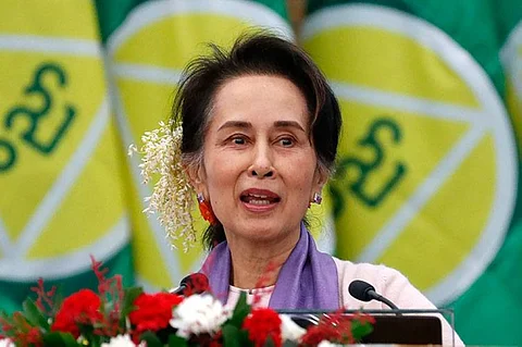 MYANMAR. Myanmar's then leader Aung San Suu Kyi delivers a speech in Naypyitaw, Myanmar, on January 28, 2020. (AP)