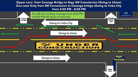 ZIPPER LANE. In this traffic advisory posted on its Facebook page on Aug. 9, 2023, the Consolacion Municipal Government in northern Cebu announced the implementation of a zipper lane starting on Aug. 10. It said that from 4 p.m. to 8 p.m. a portion of the national highway, specifically from Cansaga Bridge to SM City Consolacion, will be observing a zipper lane going to Liloan and one lane only going to Cebu City. The purpose of the zipper lane is to mitigate the traffic congestion caused by the ongoing road construction in Barangay Cansaga. The Municipal Government also implemented a no left turn policy for all types of vehicle from national highway going to Cansaga Barangay Hall from 4 p.m. to 8 p.m. / LGU CONSOLACION FACEBOOK PAGE