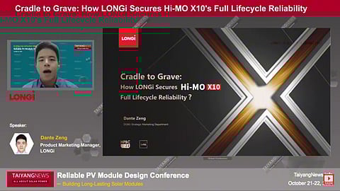 Full lifecycle reliability: LONGi Solar highlighted the advanced reliability features of the Hi-MO X10 series back contact module at the TaiyangNews conference. (Photo Credit: TaiyangNews)