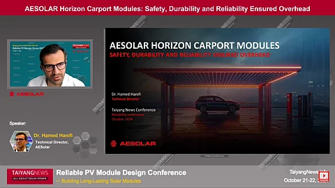 Durable & reliable: AESOLAR presented a highly reliable and durable AE HORIZON series PV carport TOPCon module at the TaiyangNews virtual conference. (Photo Credit: TaiyangNews)