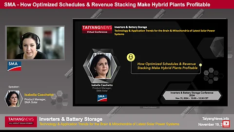 SMA Solar's Isabella Caschetto provided a brief insight into the latest smart software, featuring optimized scheduling and revenue stack, offered by CAMOPO Energy, at the TaiyangNews Inverters & Battery Storage 2024 virtual conference. (Photo Credit: TaiyangNews)