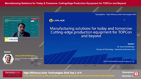 LAPLACE shared a brief overview of the company’s existing process tools for the TOPCon cell line, which can also be adapted for XBC cell lines at the recent TaiyangNews annual flagship virtual conference 2024. (Photo Credit: TaiyangNews)