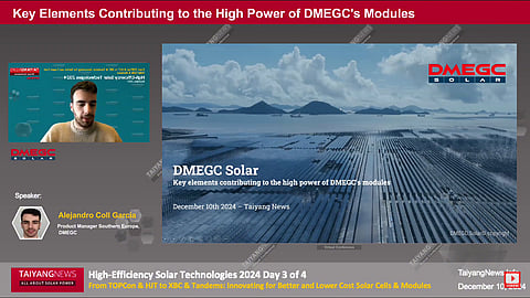 Alejandro Coll Garcia, Product Manager Southern Europe, at DMEGC highlighted the progress in the TOPCon cell and special-application modules at the TaiyangNews Conference. (Photo Credit: TaiyangNews)