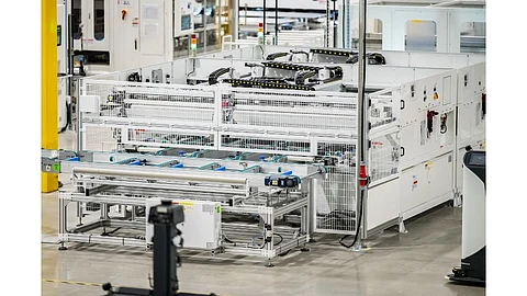Pictured is the solar module assembling line at T1 Energy’s G1_Dallas facility, which is being converted from PERC to TOPCon. (Photo Credit: T1 Energy Inc.)