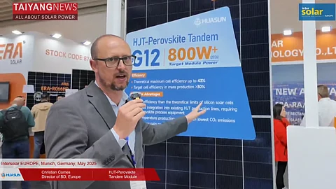 For short and long term: Huasun showcases high-bifacial vertical PV modules and prepares for commercial rollout of perovskite-tandem technology, targeting both near-term value and long-term efficiency gains. (Photo Credit: TaiyangNews)