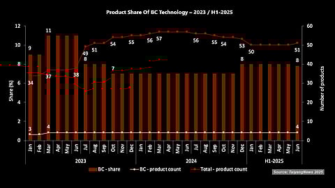 An Exclusive Game: BC has remained a proprietary technology, mastered by only a handful of companies. Since March 2023, it has been represented by just 4 firms – unchanged to date. (Source: TaiyangNews)