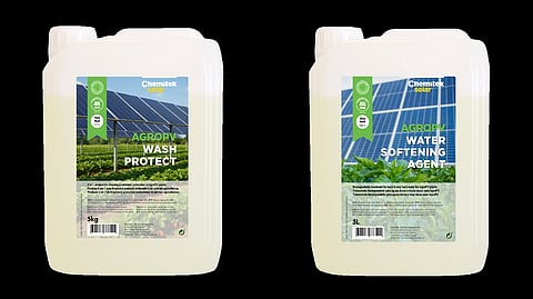 Chemitek’s AgroPV Wash Protect and AgroPV Water Softening Agent are designed for agricultural PV settings, aiming to reduce soiling and prevent mineral deposits on panels. (Photo Credit: Chemitek Solar)