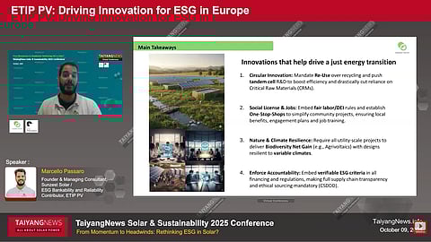 Sunzest presentation examined how ESG requirements in Europe are expanding from compliance-based checklists to deeper expectations on design choices, social standards, and verified traceability. (Photo Credit: TaiyangNews)