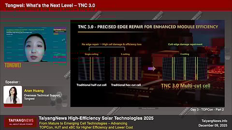 Edge Repair: Tongwei’s TNC 3.0 platform illustrates how precision edge repair in multi-cut cells helps limit cutting-induced damage, supporting higher module efficiency and more stable power output. (Source: Tongwei Solar)