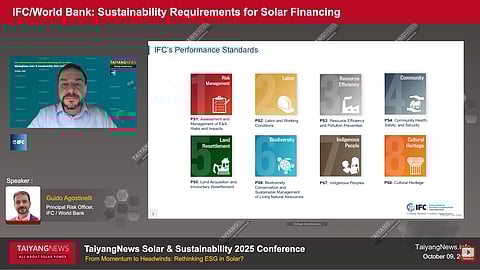 Guido Agostinelli’s presentation outlined how IFC’s Performance Standards and Equator Principles are applied across the full lifecycle of utility-scale solar projects, from site selection to supply-chain due diligence. (Photo Credit: TaiyangNews)