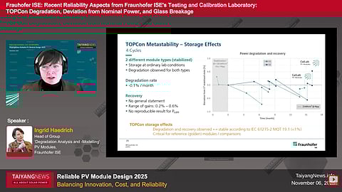 Ingrid Haedrich from Fraunhofer ISE presented how laboratory testing and field observations are reshaping the understanding of UV degradation, glass fracture patterns, and storage-related effects in TOPCon modules. (Photo Credit: TaiyangNews)