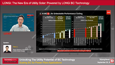 LONGi’s Alex Li discussed how back-contact (BC) cell architecture compares with advanced TOPCon in terms of efficiency potential, hotspot behavior, and projected system economics. (Photo Credit: TaiyangNews)