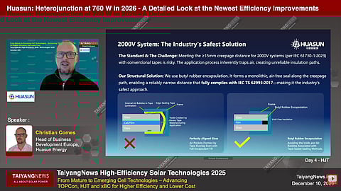 High-density layouts, 2,000 V designs, and edge sealing approaches are being used at the module level to push HJT module power toward 760 W. (Photo Credit: TaiyangNews)