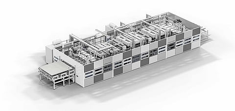 Bürkle’s Ypsator laminator processes modules through 3 chambers – pre-press, hot press, and cooling – to ensure uniform bonding and controlled curing. (Photo Credit: Robert Bürkle)