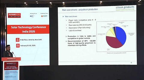 Cost Drivers: At STC.I 2026, Dhruvit Lathiya, Chemical Engineer & Project Manager at Silicon Products Technologies (SPT), highlights power as the dominant cost in polysilicon production.