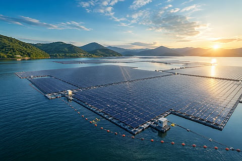 DNV’s latest FPV standards outline technical requirements for float structures and mooring systems used in floating solar installations. (Photo Credit: TaiyangNews, AI-generated illustration of FPV)