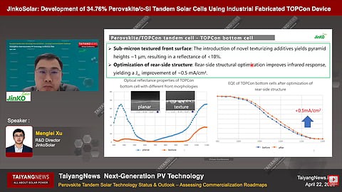 JinkoSolar presented process and material optimizations for perovskite-TOPCon tandem cells at the TaiyangNews Next-Generation PV Technology 2026 Conference. (Photo Credit: TaiyangNews)