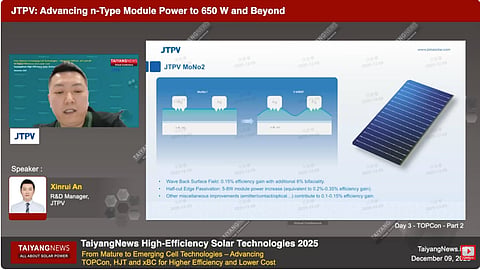 Scaling Beyond: JTPV presents its MoNo2 module concept at the TaiyangNews High-Efficiency Solar Technologies 2025 conference, highlighting efficiency gains from rear surface optimization, edge passivation, and incremental cell improvements.