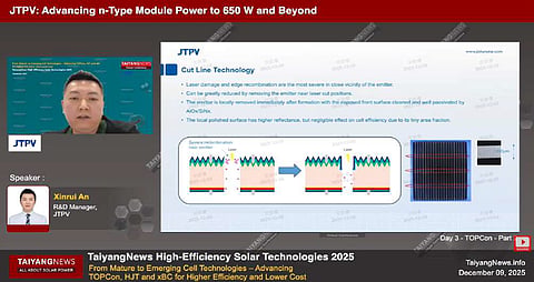 JTPV’s Cut Line Technology locally modifies the emitter region near laser-cut areas to reduce edge-related recombination losses in TOPCon cells. (Photo Credit: TaiyangNews)