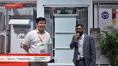 Ge Yinhua of Daqo Electric Europe discussed the company’s integrated MV transformer and power electronics solutions with TaiyangNews during SNEC 2026. (Photo Credit: TaiyangNews)